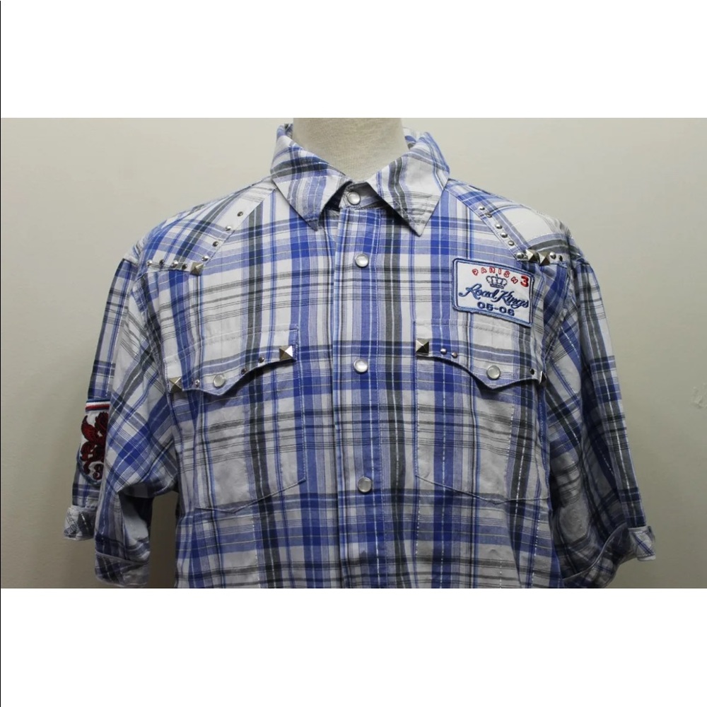 Parish Road Kings Plaid Blue Pearl Snap Metal Studs Embroidered Western Cowboy
